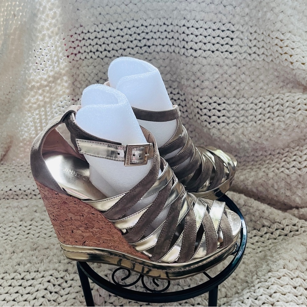 JIMMY CHOO Sandals Beige Gold Multi-Strap Wedge Heels Size 39EU/8US. Retail $795